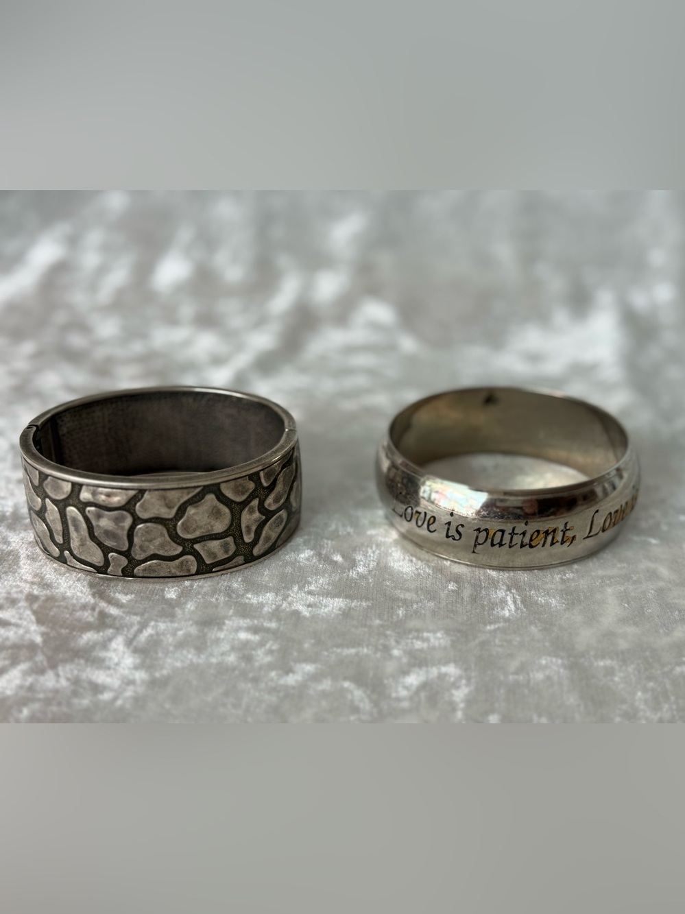 Silver Tone Bracelet Set Love Is Patient & Animal Print Cuff Bangles 2PC Classic